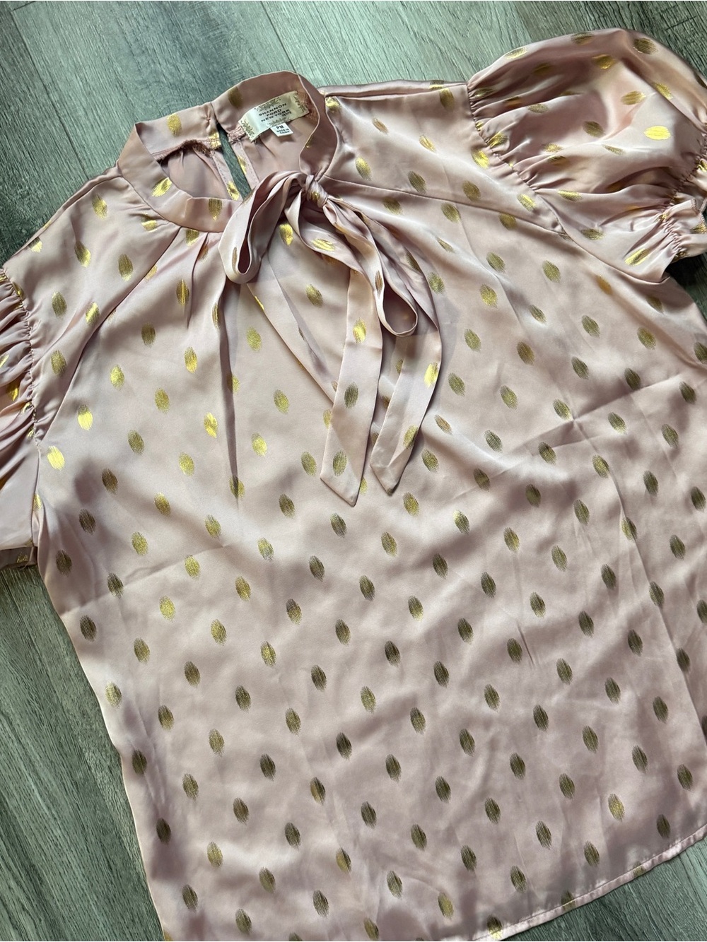 Shannon Ford NY Womens Pink/Gold Polka Dot Mock Neck Puff Blouse Petite Med 0197